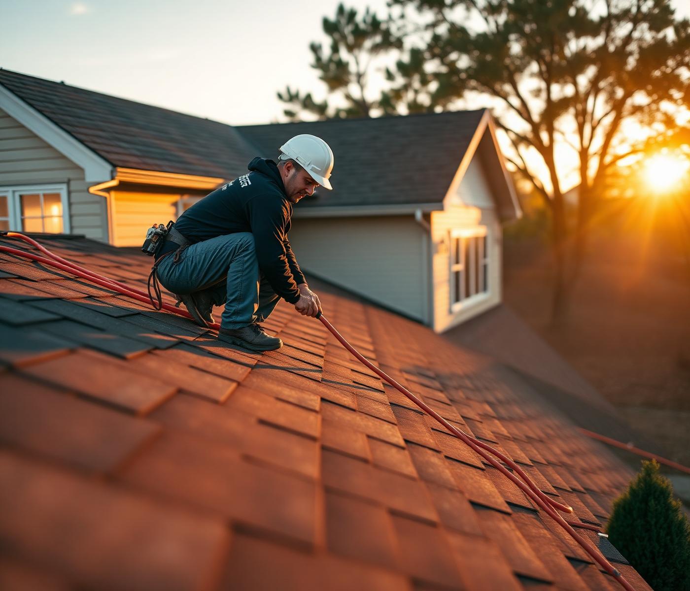 American roofing crew installing new shingles on a suburban home